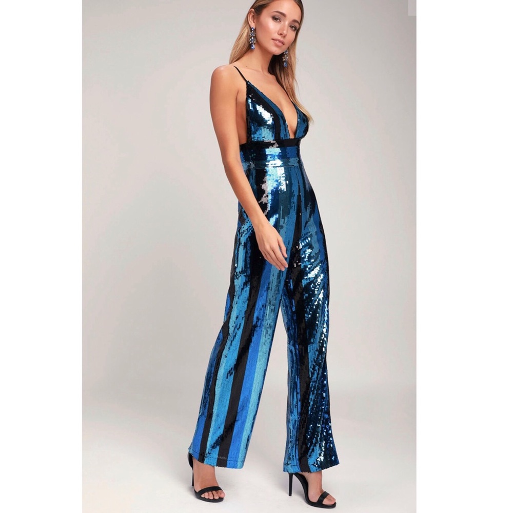 Lulu’s Blue Multi Striped Sequin Jumpsuit